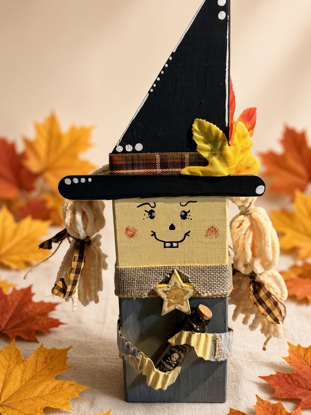 Handmade Fall Witch Block Decoration